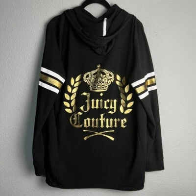 Sudadera con Capucha Juicy Couture Cremallera Completa Negra Oro Lámina Corona Rayas Espalda Logo Talla XL Foto 1 de 4