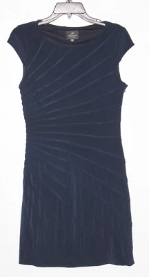 NEW Adrianna Papell Blue Cap Sleeve Midi Pencil Dress Pleated Zip Stretch 4P - Image 1 of 4