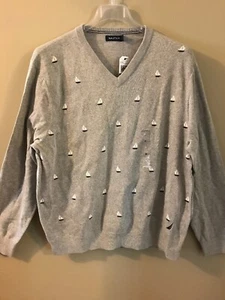 Maglione pullover uomo Nautica scollo a V grigio chiaro barche a vela taglia XL 100% cotone nuovo con etichetta - Foto 1 di 12
