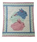Vintage Handmade Quilted Baby Quilt 3 bunnies pink& blues alphabet toy rings