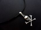 A BLACK LEATHER CORD 13 - 14"  SKULL CROSSBONES CHOKER NECKLACE. NEW.