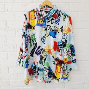 Ali Miles City Graphic Graffiti Slub Gauzy Top Lagenlook Art to Wear Button Sz:M - Picture 1 of 8