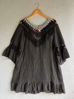 Beach By Exist 连衣裙女式 L/XL 黑色荷叶边孔海滩波西米亚农民 — 第 1/4 张图片