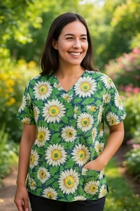 VTG S.C.R.U.B.S. Scrub Top Adult Size Medium Green V-Neck Made In USA Sunflower - Picture 1 of 7