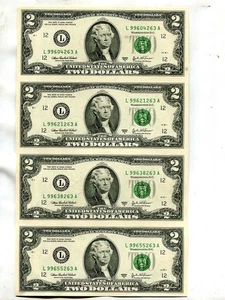 2003 A $2 SAN FRANCISCO CA CURRENCY 4 NOTE UNCUT SHEET CH CU 3337T - Picture 1 of 1