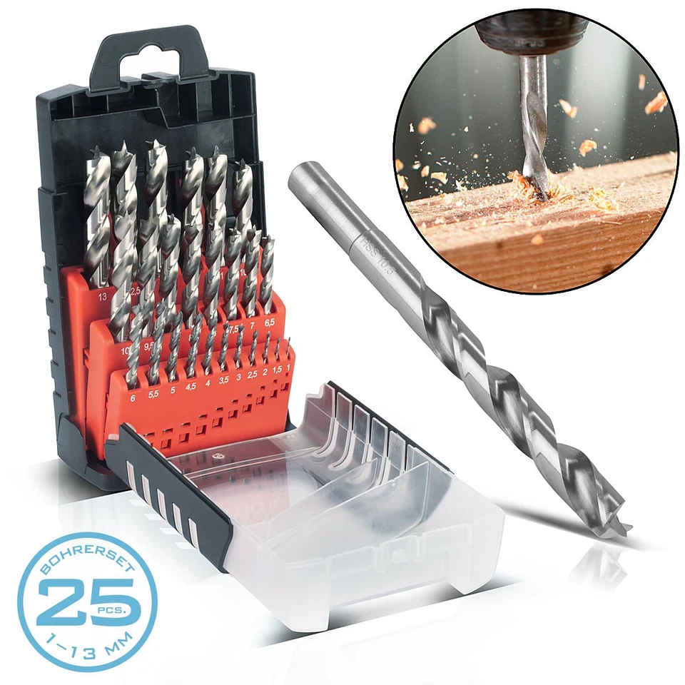 STAHLWERK HSS Holz Spiralbohrer 25er Set 1-13 mm Holzbohrer HSS Bohrer Satz - Bild 1 von 4
