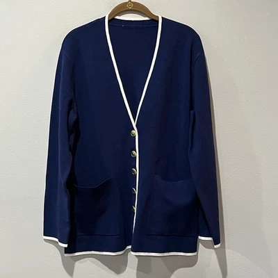 Blazer Suéter Ann Taylor Punta Cuello en V Para Mujer Grande Azul Marino Botones Preppy Foto 1 de 4