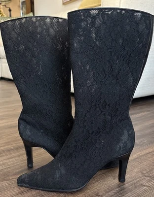 Botas midi vintage de encaje negro transparente 8 cremallera lateral góticas vacaciones cura Foto 1 de 4