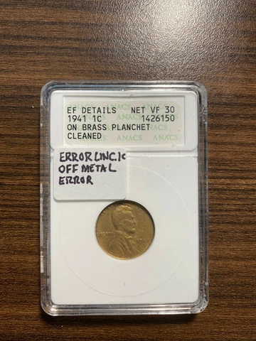 1941-P Lincoln Penny Error On Brass Planchet ANACS Genuine Cleaned XF Details Cover
