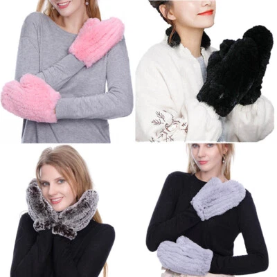 Winter Fur Mittens Real Rex Rabbit Glove High Elastic Double-sided Knitted - Image 1 of 4
