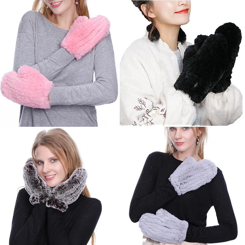 Winter Fur Mittens Real Rex Rabbit Glove High Elastic Double-sided Knitted - Image 1 of 4