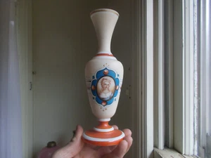 1870s HAND BLOWN 9" MILKGLASS VASE WITH HAND PAINTED COLONIAL WOMAN - Picture 1 of 7