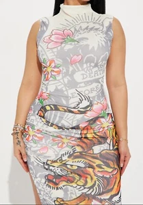 Ed Hardy Crawling Tiger Print Mesh Midi Dress Ivory NEW - Size Small - Picture 1 of 3