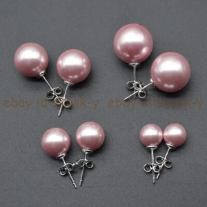 Pink South Sea Shell Pearl 8/10/12/14mm Round Beads Silver Stud Earrings - Picture 1 of 14