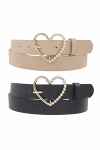 Half Pearl Pave Outline Heart Buckle Duo Belt Blush/Red