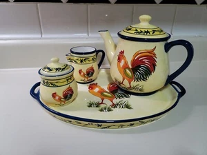 Temp-tations By Tara Rooster Set - Platter - Tea Pitcher - Creamer - Sugar - Picture 1 of 10