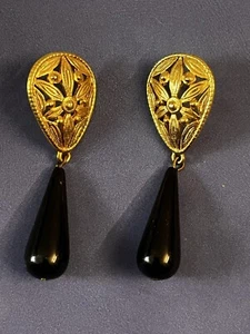 Vintage Large Gold And Black Tone Drop Dangle Earrings - Picture 1 of 1