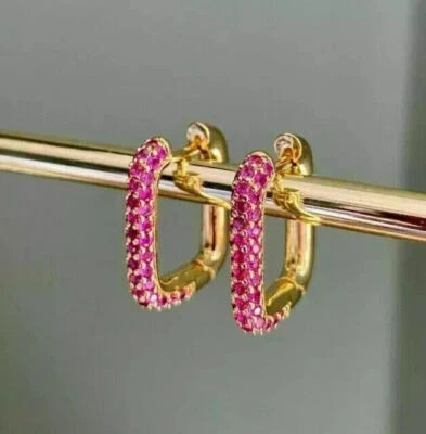Square Shape 1.40Ct Created Red Ruby Hoop Huggie Earrings 14K Yellow Gold Finish - Image 1 of 3