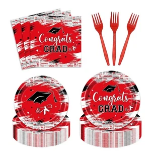 96PCS Graduation Party Supplies Black Red, Congrats Grad 2025 Tableware 24 Guest - Picture 1 of 6