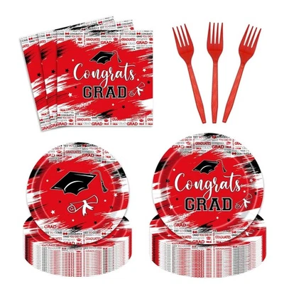 96PCS Graduation Party Supplies Black Red, Congrats Grad 2025 Tableware 24 Guest - Image 1 of 4