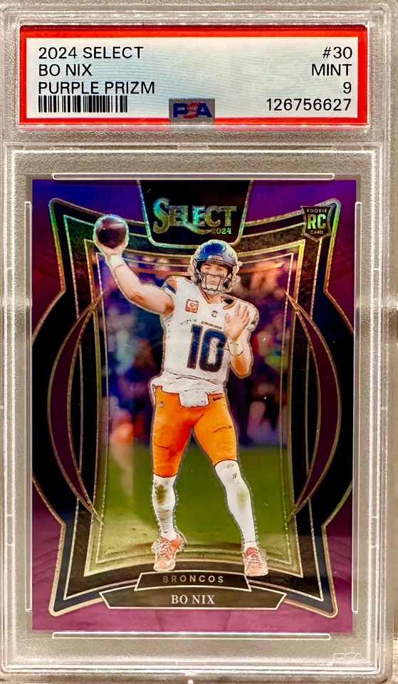 JERSEY # MATCH! Panini Select Bo Nix Purple Rookie 2024 10/75! PSA 9 BRONCOS! - Imagem 1 de 3