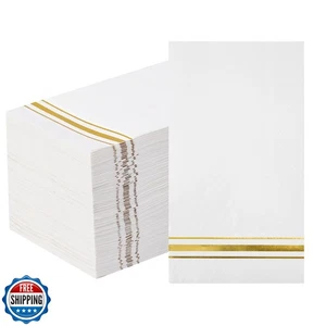 100 Gold Trim Lined Paper Napkins Elegant Dinner Napkins, 3 Ply White and Gol - Picture 1 of 5