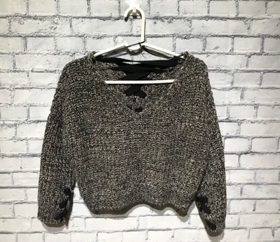 Witty Fox, Women S, Black/Gray 3/4 Sleeve Cropped Chunky Knit Sweater, Ribbon - Image 1 of 4