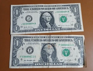 2 lot, Four in a Row 8s $1 One Dollar Bill -- 2013 F58888611G , 2017 J22388884B - Picture 1 of 5
