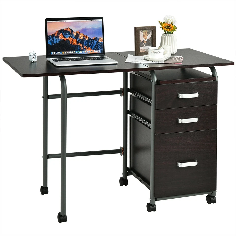 Gymax Folding Computer Laptop Desk Wheeled Home Office Furniture W/3 Drawers