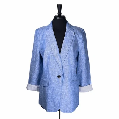 Talbots Women’s Blazer Size 12 Blue 100% Linen One Button Jacket Striped Lining - Image 1 of 4