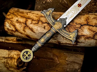 Espada de acero inoxidable caballeros templarios hecha a mano con funda de cuero espada medieval Foto 1 de 4