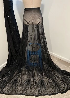 "Tela de encaje de malla bordada lentejuelas elásticas negras de 4 vías 50"" de ancho 1 yarda" Foto 1 de 4