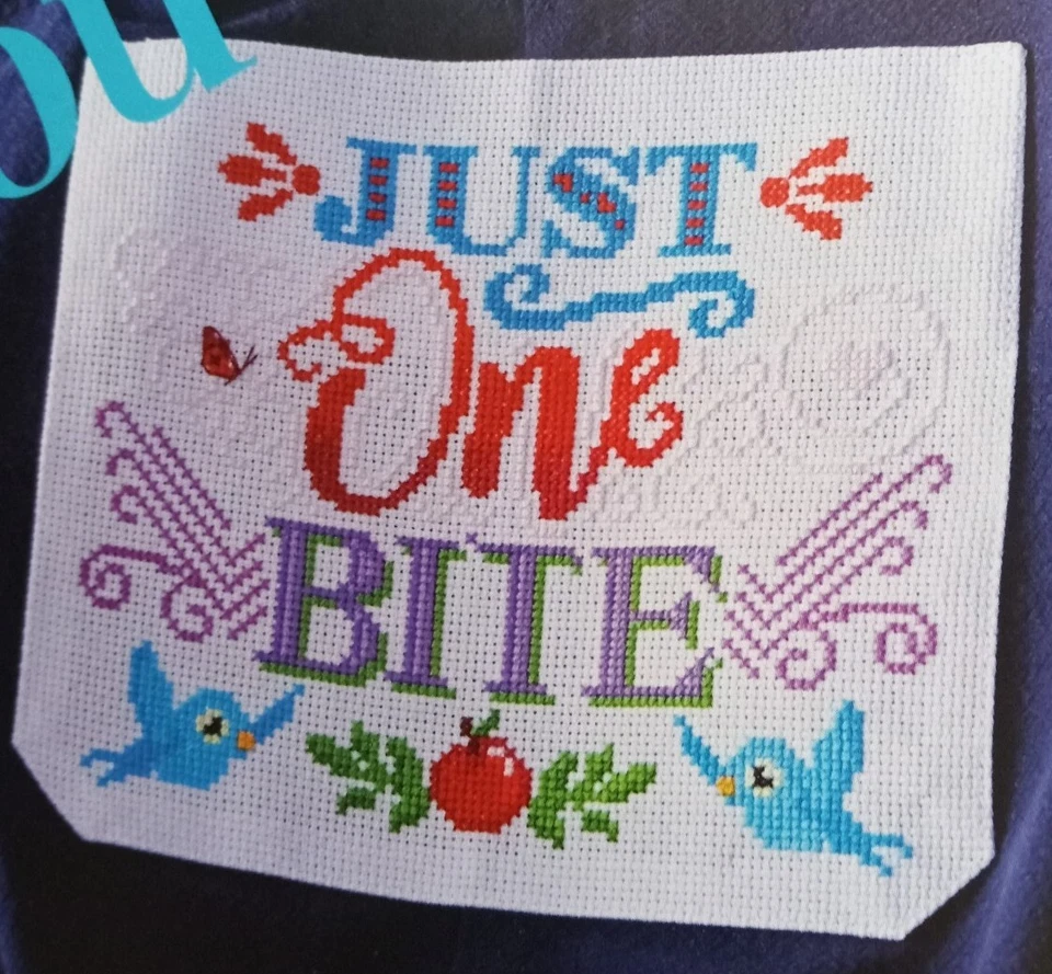 Cross Stitch "JUST ONE BITE" pattern ~ DISNEY, Snow White & Seven Dwarfs, apple  - Image 1 of 1