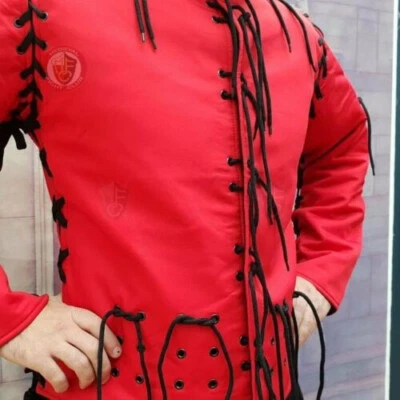 Abrigo Medieval Grueso Acolchado Gambesón Mangas Completas Rojo Pourpoint con Lazos Armados Foto 1 de 4