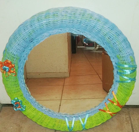 WICKER WALL MIRROR ROUND 18" VINTAGE HAND-PAINTED BOHO Cover