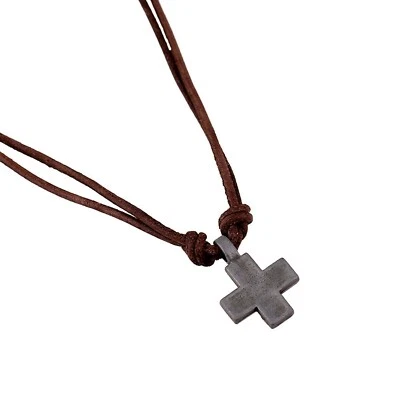 Men's Metal Cross Pendant on Brown Double Strand Leather Cord Choker Long Nec... - Image 1 of 4