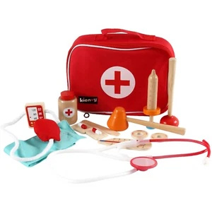 Wooden Doctors Playset 14pcs - Pretend Doctor Medical Kit with Storage Bag - Picture 1 of 7