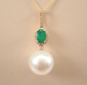 14K Gelbgold Diamant Halo Smaragd und Perle Anhänger Halskette mit Kette 18 Zoll - Bild 1 von 5