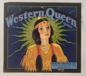 INDIAN Label Western Queen Oranges Citrus Rialto San Bernardino California - Picture 1 of 2