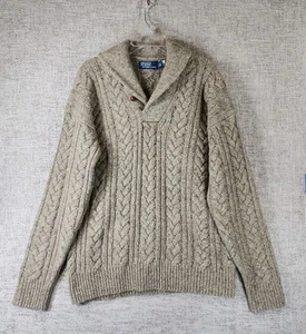 Polo Ralph Lauren Cable Knit Sweater Shawl 1/4 Button Mens XL Brown Wool Blend - Picture 1 of 15
