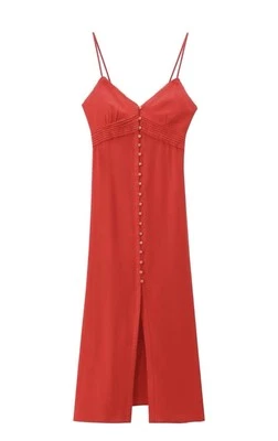 Vestido Francés Retro Algodón Lino Sin Tirantes Sencillo Pecho Recto Midi XS Rojo Foto 1 de 4