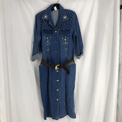 Vtg 80s 90s Denim Maxi Dress Large Bedazzled Country Western Gold Studded Jean - Image 1 of 4