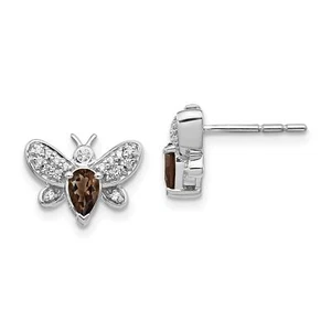 14k White Gold Diamond and Smokey Quartz Bee Earrings - Picture 1 of 5