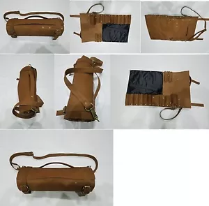 Bolso/bolsa/estuche/rollo 8/10 bolsillos de 8/10 de cuero bronceado genuino real vintage - Imagen 1 de 12