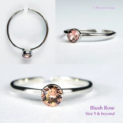 Pink Blush Rose Swarovski 4mm Crystal Rhodium Plated Adjustable Ring - Image 1 of 4
