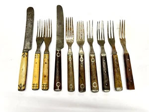 Juego de 10 cubiertos con incrustaciones con mango de hueso de madera ATQ tenedor cuchillo utilería de la Guerra Civil - Imagen 1 de 12