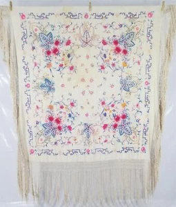 Antiguo chal de piano floral de seda chino bordado a mano 130x121 cm - Imagen 1 de 12