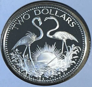 1975 BAHAMAS - 2 DOLLARS - FLAMINGO - 1 Oz PROOF STERLING SILVER CROWN - BEAUTY! - Picture 1 of 3