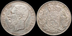 IBERMONEDA| Moneda Bélgica 1870, 5 Francos de plata. Leopoldo II - Imagen 1 de 1