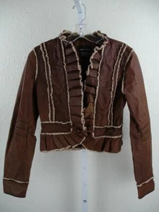 Women's S Moda International Brown Leather Jacket Lace Trim Ruffled Front Toggle - Picture 1 of 12